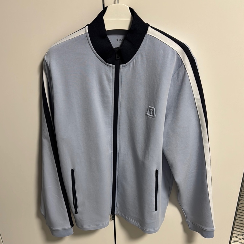 Baby Blue Track Jacket with Black and White Stripes